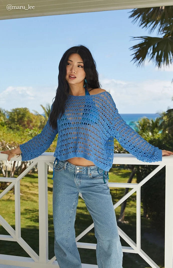 Your Favorite Women's Willa Boat Neck Open Knit Sweater in Blue - Size Small | PacSun