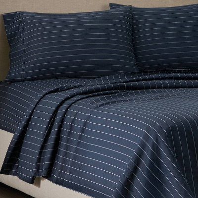 Jeremiah Brent Home Twin Cotton Sateen Sheet Set Chalk Indigo Stripe | Target