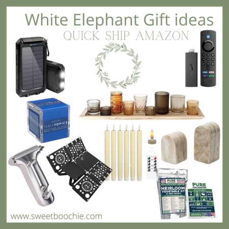 Last minute White Elephant gift ideas! Quick shop from Amazon! Solar charger, fire stick, shirt folder, windshield breaker and seatbelt cutter, flameless taper candles, heirloom survival seeds, bookends, votive candle centerpiece, tabletop discussions 

#LTKGiftGuide #LTKHoliday #LTKunder50