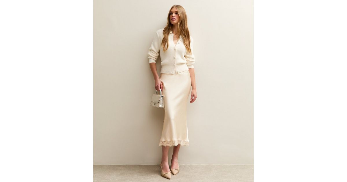 Cream Lace Trim Midi Satin Skirt | New Look | New Look (UK)