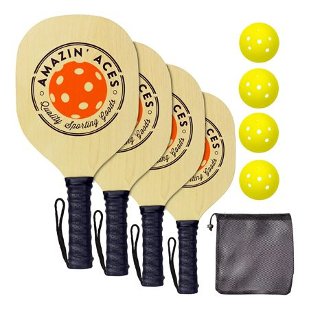 Amazin Aces Wood Pickleball Set with 4 Wooden Paddles, 4 Balls, and Carry Bag | Walmart (US)