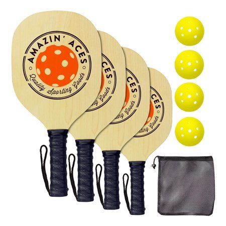 Amazin Aces Wood Pickleball Set with 4 Wooden Paddles, 4 Balls, and Carry Bag | Walmart (US)