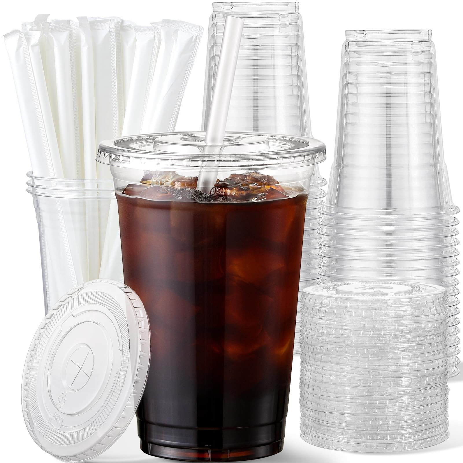 AOZITA 16 oz Plastic Cups with Lids and Straws, 50 Pack, Disposable Iced Coffee Cups with Lids, C... | Amazon (US)