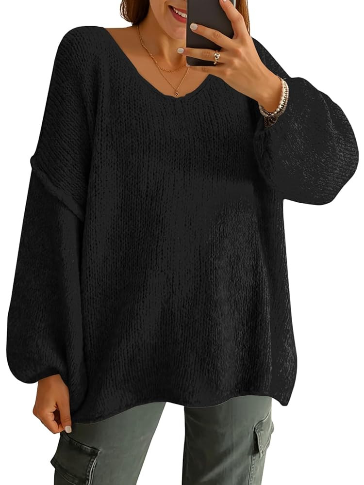 Saodimallsu Womens Oversized V Neck Sweaters Chunky Knit Lantern Long Sleeve Fall Winter Slouchy ... | Amazon (US)