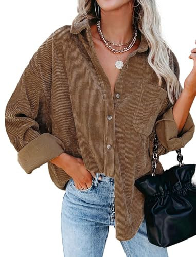 Womens Corduroy Button Down Shirts Dressy Casual Long Sleeve Blouses Oversized Fall Tops Jackets Shackets 2025 Brown | Amazon (US)