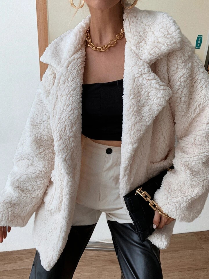Drop Shoulder Pocket Patched Fleece Coat | SHEIN