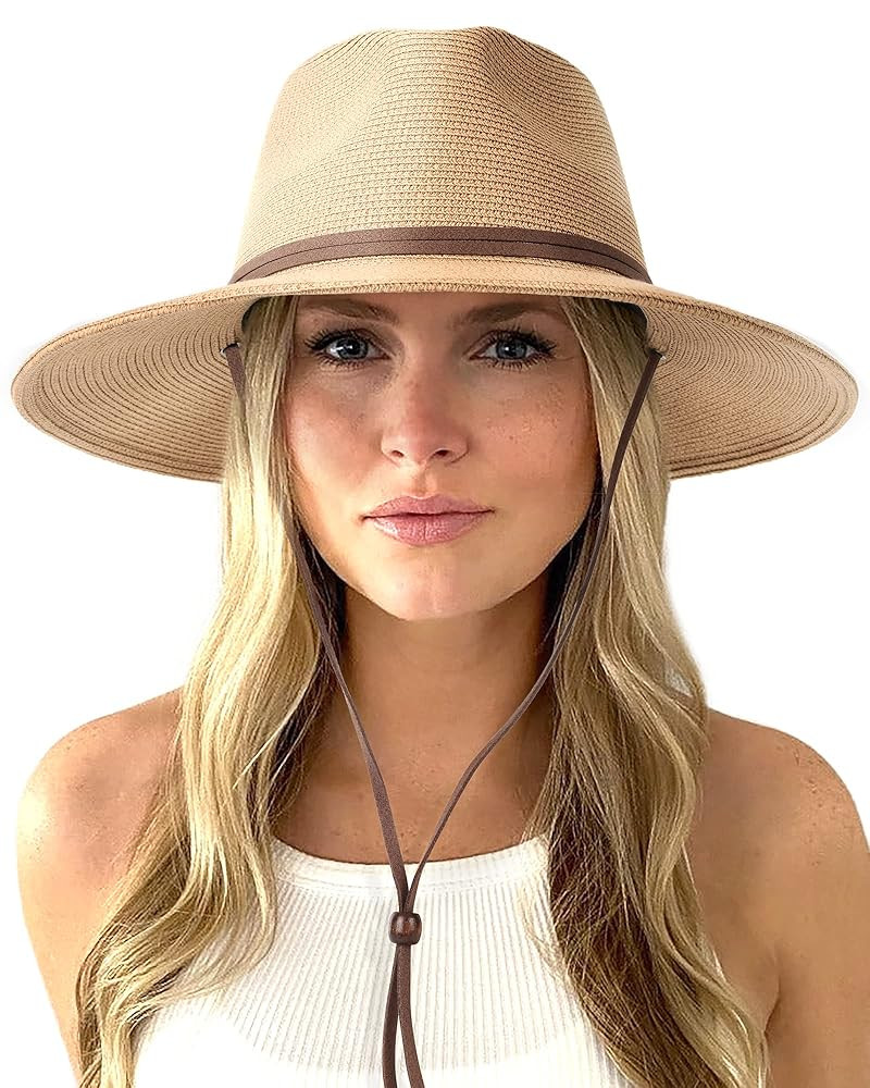 FURTALK Womens Summer Straw Sun Hats Wide Brim Panama Fedora Beach Hat with Wind Lanyard UPF 80+ | Amazon (US)