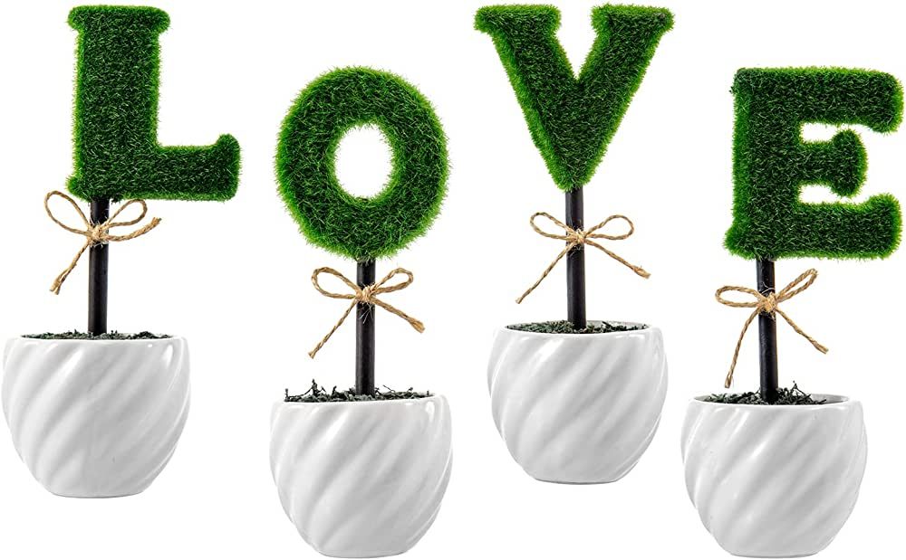 MyGift Set of 4 Decorative Artificial Sculpted Topiary Hedge Planter with Lettering That Spell Lo... | Amazon (US)