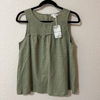 NWT Hem & Thread Women's Embroidered Knit Olive Green Tank Top Size S | eBay AU