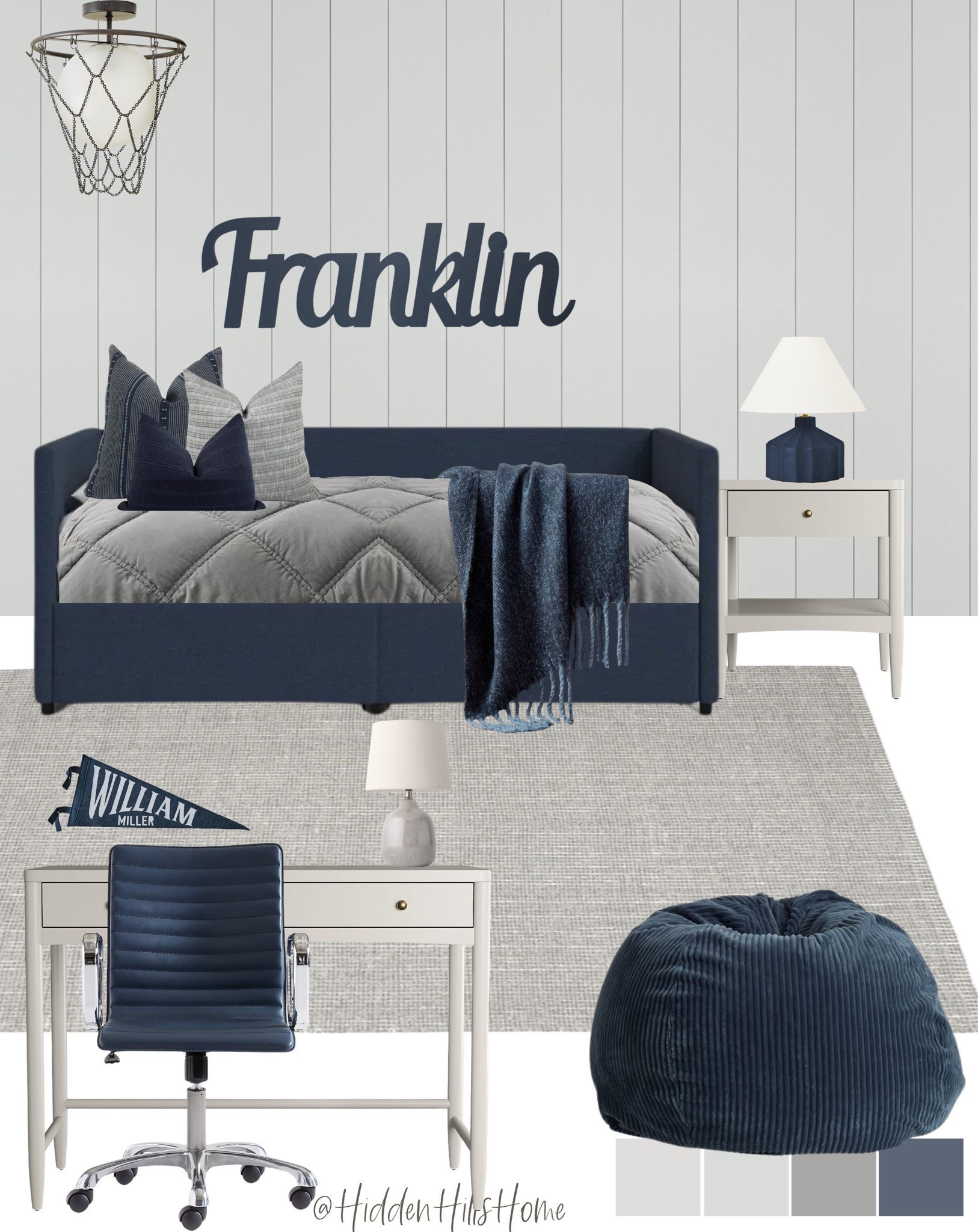 Boys bedroom decor mood board, kids bedroom design, navy blue basketball bedroom, boys room decor inspiration 
#boysbedroom
Wall color is SW Rhinestone

#LTKSaleAlert #LTKHome #LTKKids
