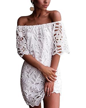 PRETTYGARDEN Women's Summer Off Shoulder Vintage Floral Lace Flare Short Sleeve Loose Elegant Min... | Amazon (US)