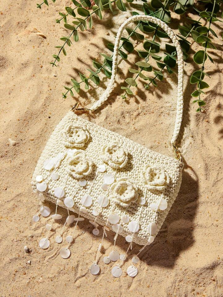 SHEIN SXY Fashionable Elegant Shell Pieces Fringe Crochet Hobo Bag Woven Bag For Women, Great For... | SHEIN