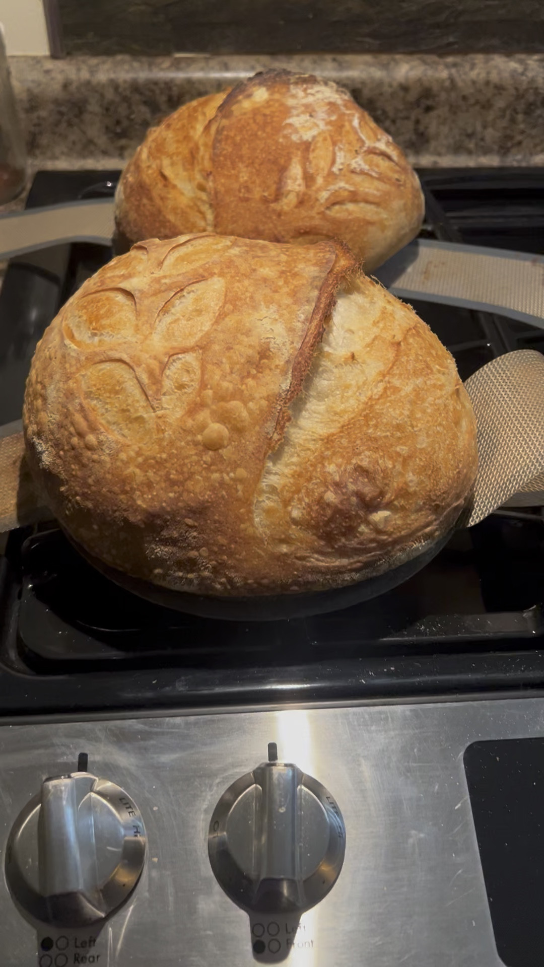 Sourdough Bread Recipe

Ingredients:
	•	250g active sourdough starter
	•	725g warm filtered water
	•	1000g unbleached bread flour
	•	25g sea salt

Prepare Dough:
	1.	In a large mixing bowl, place the sourdough starter.
	2.	Add warm filtered water and mix until dissolved.
	3.	Add flour and salt. Mix by hand until no dry flour remains.

Stretch and Folds:
	4.	Cover and let the dough rest for 1 hour.
	5.	Perform four rounds of stretch and folds, every 30 minutes.

Bulk Fermentation:
	6.	Cover and let the dough ferment until it increases by 50%-75% in size (about 2 hours, but may take longer).

Shaping:
	7.	Lightly flour the counter and divide the dough in half.
	8.	Shape each half into a rectangle, fold the sides to the center, then roll into a ball. Let rest for 20 minutes.
	9.	Repeat shaping, then place seam-side up in a floured banneton.

Proofing:
	10.	Cover and cold-proof in the refrigerator for 2 to 48 hours.

Baking:
	11.	Preheat oven to 500°F (260°C) with a Dutch oven inside.
	12.	Flip dough onto parchment paper and score.
	13.	Transfer to the preheated Dutch oven. Quickly spray water inside to create steam, then cover with the lid.
	14.	Bake covered at 500°F (260°C) for 35 minutes, then uncover and bake at 425°F (220°C) for 10 minutes.
	15.	Cool for at least 1 hour before slicing.

#LTKFamily #LTKHome #LTKStyleTip