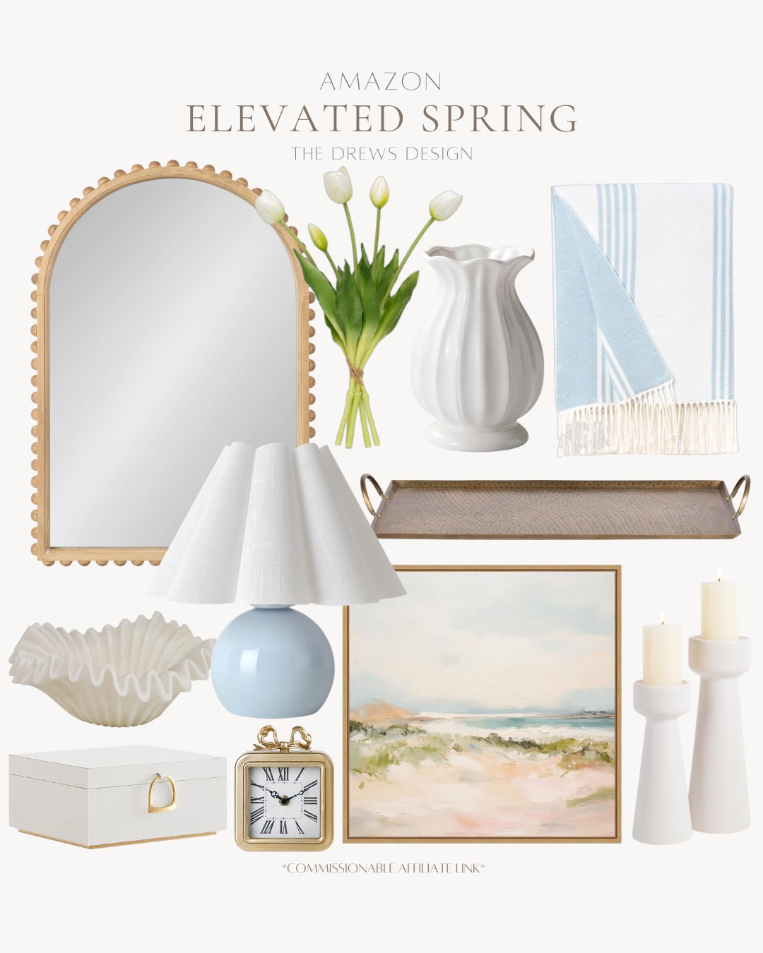 Elevated spring decor includes throw blanket, vase, tulips, arched mirror, decorative bowl, table lamp, decorative box, table clock, wall art, candle holders, tray.

Home decor, elevated decor, home accentss

#LTKvlog #LTKSeasonal #LTKHome