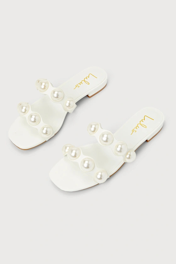 Rolany White Pearl Square Toe Slide Sandals | Lulus (US)