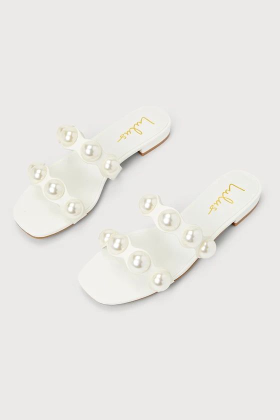 Rolany White Pearl Square Toe Slide Sandals | Lulus (US)