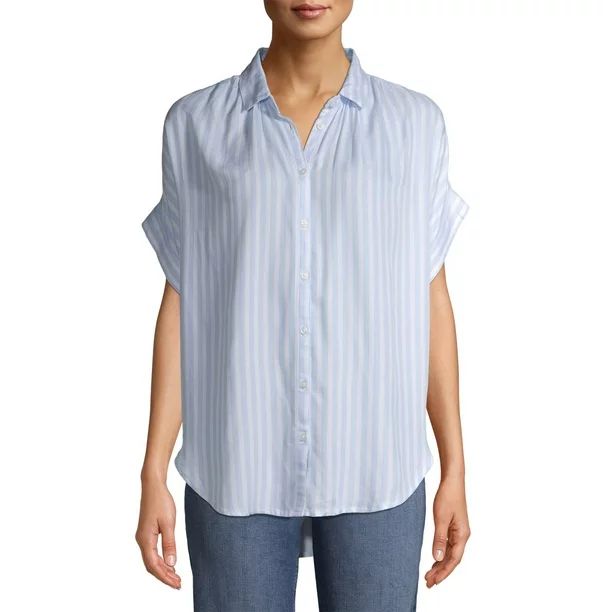Time and Tru Women's Button Front Shirt with Rolled Sleeves | Walmart (US)