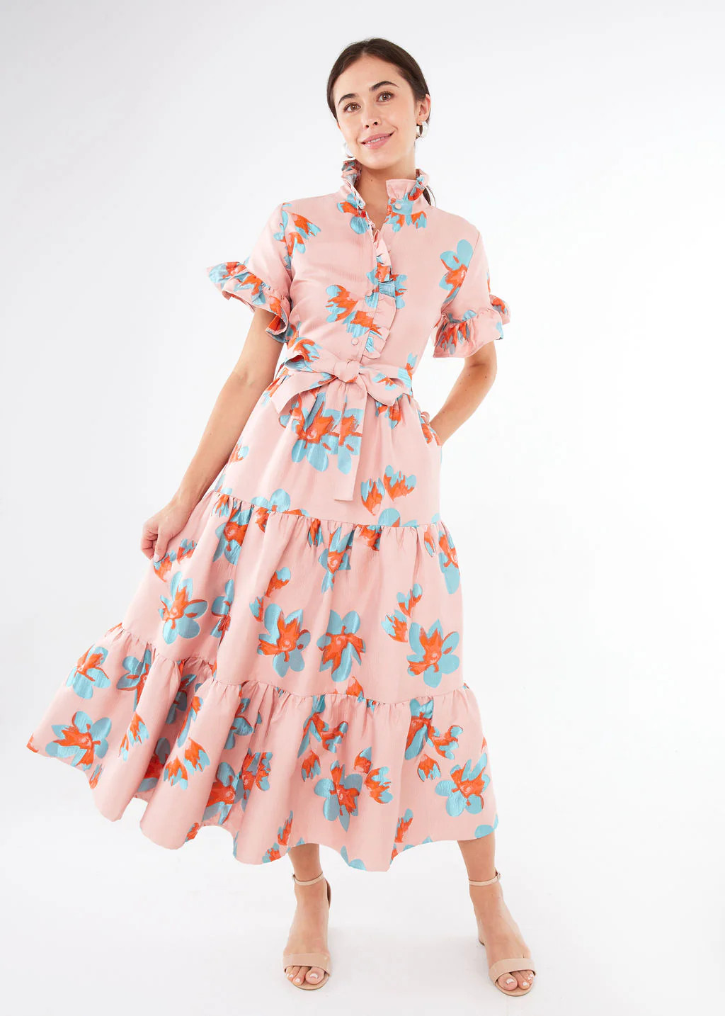 Sadie Maxi Dress Pink Plumeria Jacquard | Abbey Glass