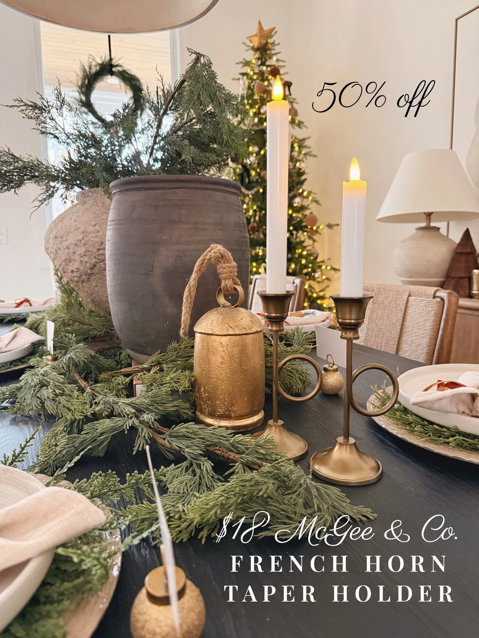 50% off McGee & Co. Christmas decor sale ✨Making these gorgeous French horn gold brass taper candle holders just $18 each 🕯️ These will instantly elevate your dining table centerpiece, bookshelves or any console or table space for the holidays 🫶🏻

#LTKSaleAlert #LTKHoliday #LTKHome