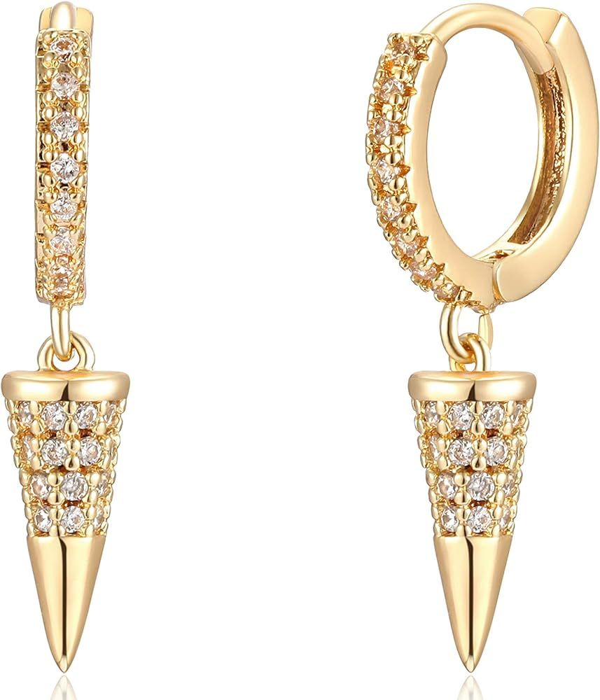 Mevecco Gold Dainty Dangle Hoop Earrings for Women 14K Gold Plated Delicate cute Geometric Triangle  | Amazon (US)
