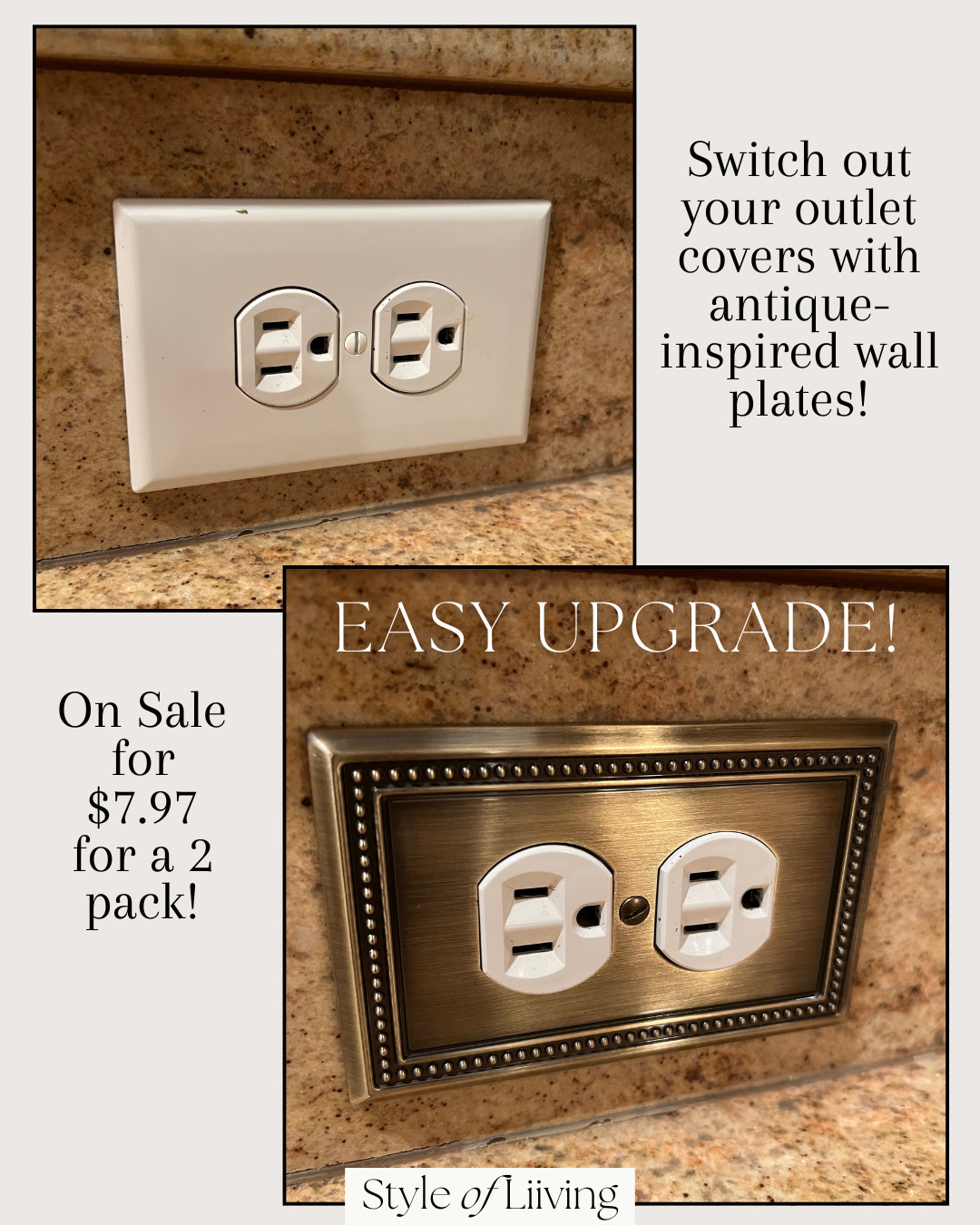 Easy home upgrades! Decorative Wall Plate Switch Plate Outlet Cover (Single Duplex, 2 Pack, Antique Brass).
#homeupgrades #diy #walloutlet #outletcover #antiqueinspired #vintage #amazonhome 

 #LTKHome #LTKFindsUnder50 #LTKFindsUnder100