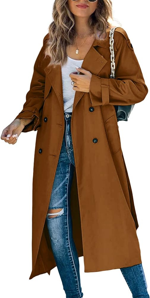 Makkrom Women's Double Breasted Long Trench Coat Windproof Classic Lapel Slim Overcoat with Belt | Amazon (US)