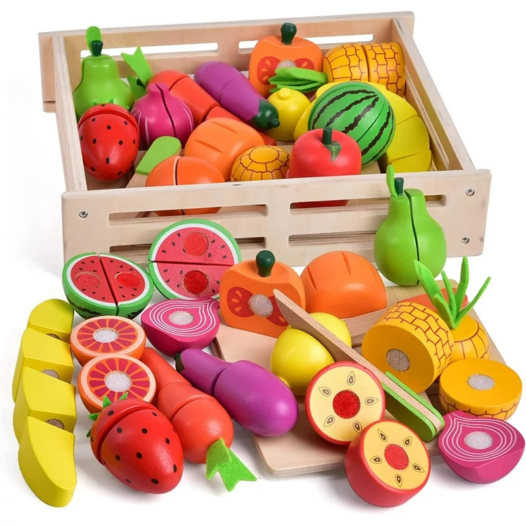 Fun Little Toys 35 Pcs Wooden Play Food for Kids Kitchen, Pretend Cutting Food Toys,Dishes and Kn... | Walmart (US)