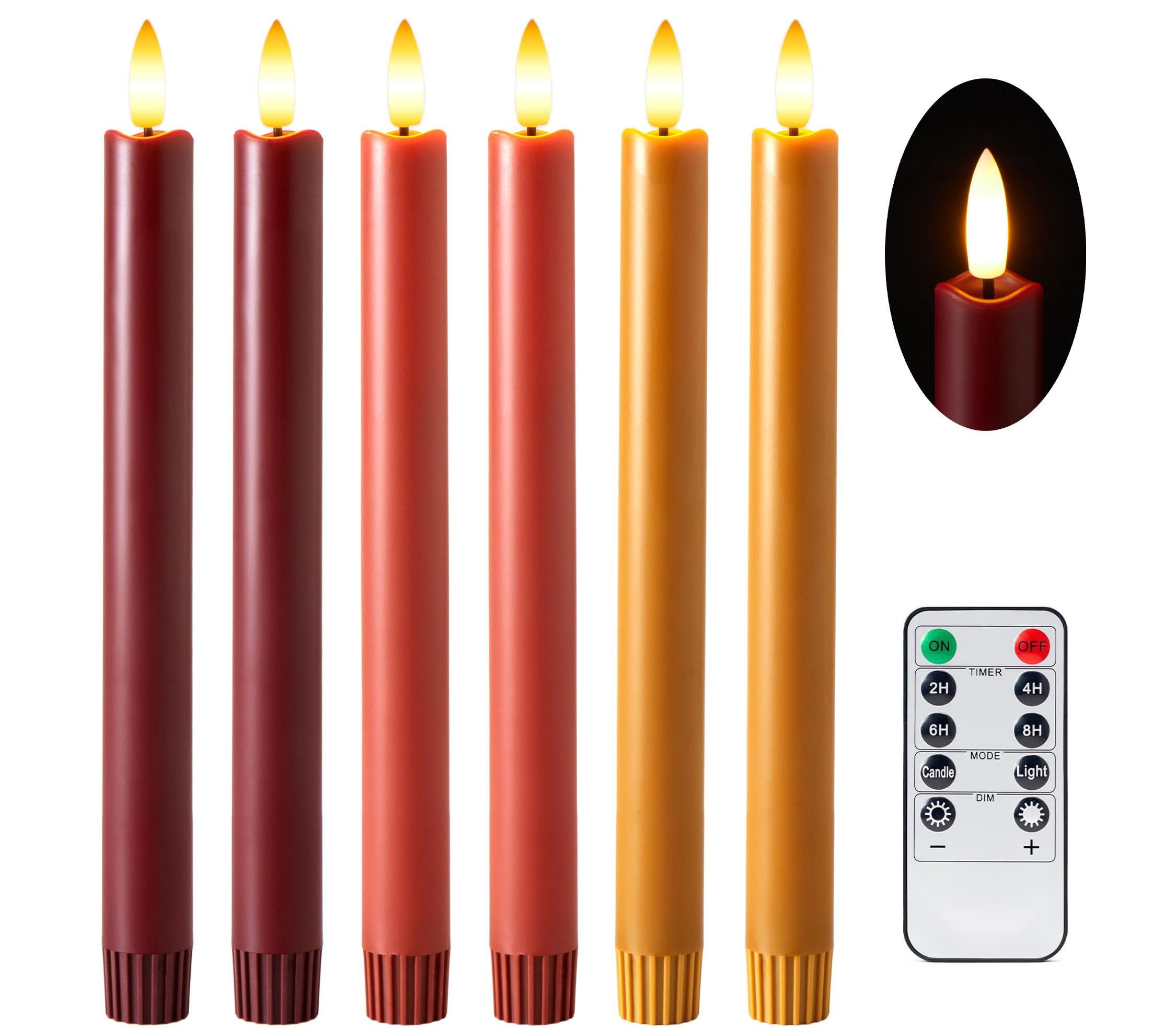 Fall Flameless Taper Candles with Remote and Timer, 10" 6pk LED Candlesticks, Battery Operated Thanksgiving Candles with 3D Flickering Flame, Bordeaux, Terra Cotta & Caramel (Autumn Harvest) | Amazon (US)