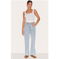 Petite Light Blue Denim Asymmetric Waistband Straight Leg Jeans | PrettyLittleThing US