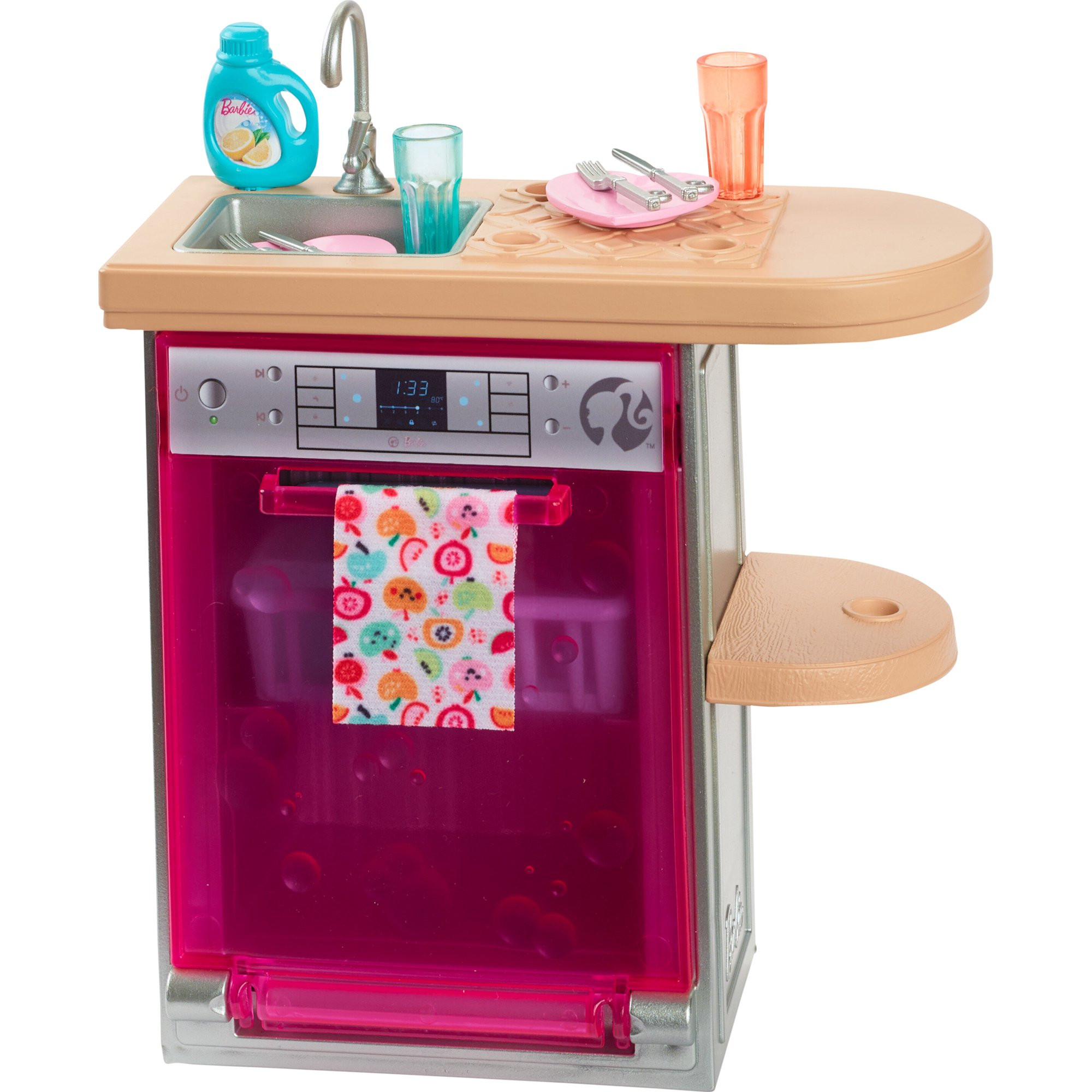 Barbie World Toy Dishwasher Set with 9 Dollhouse Kitchen Accessories Including Plates, Drying Rac... | Walmart (US)