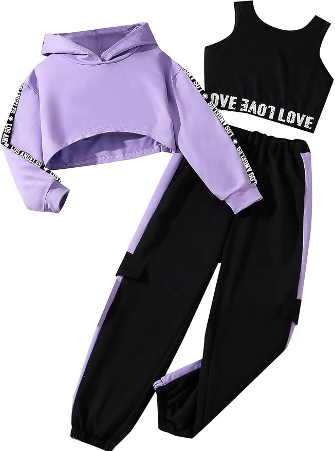 Hilinker Girls Graphic 3 Piece Outfits Workout Hoodie Crop Tank and Sweatpants Set | Amazon (US)