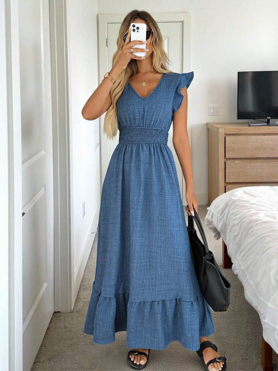 Easowa Shirred Cap Sleeve Drawstring Waist Ruffle Hem Flowy Dress, Casual Resort Wear For Women B... | SHEIN