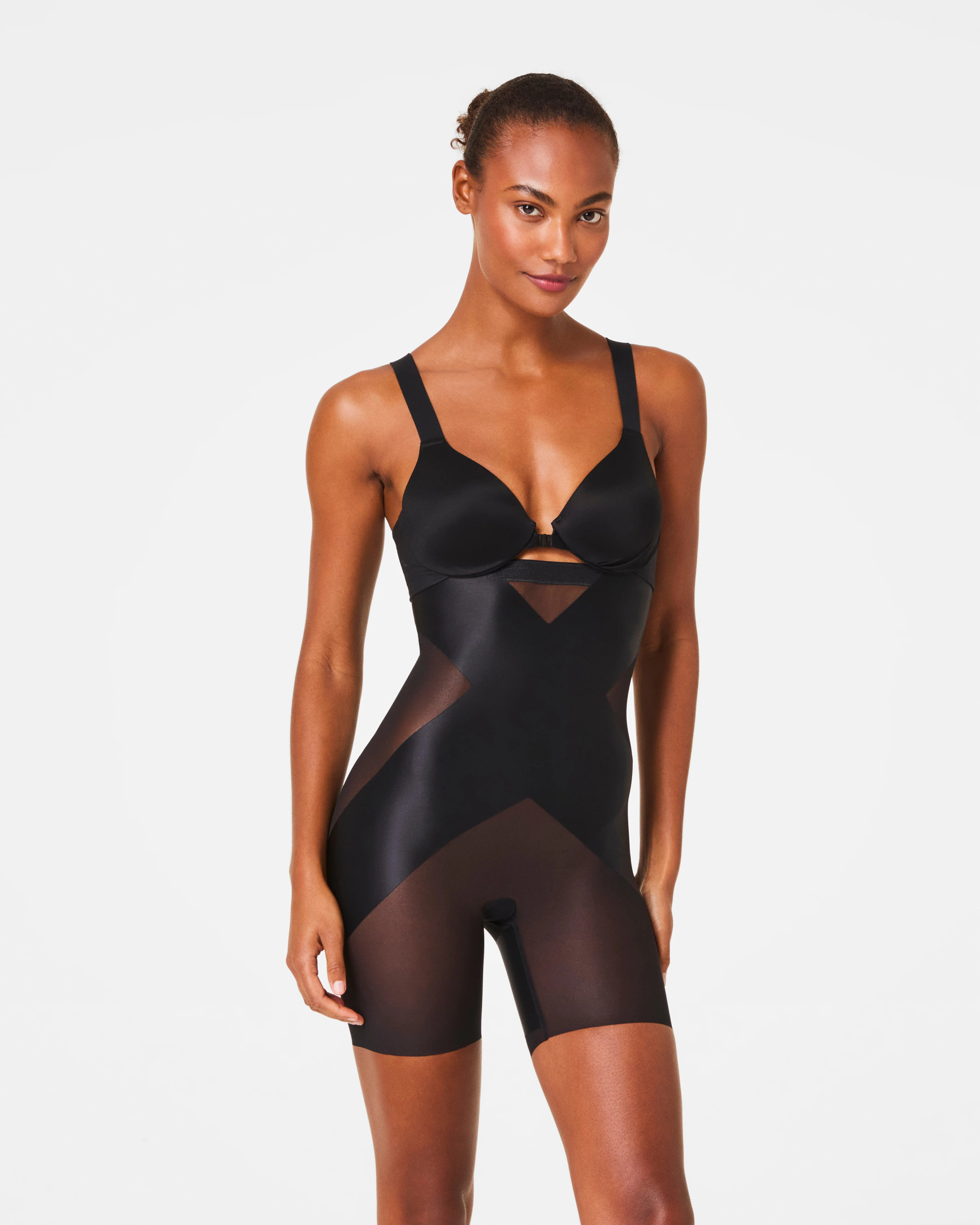 Spanx Women's SPANXshape Satin-X High-Waisted Mid-Thigh Shorts in Black | Spanx