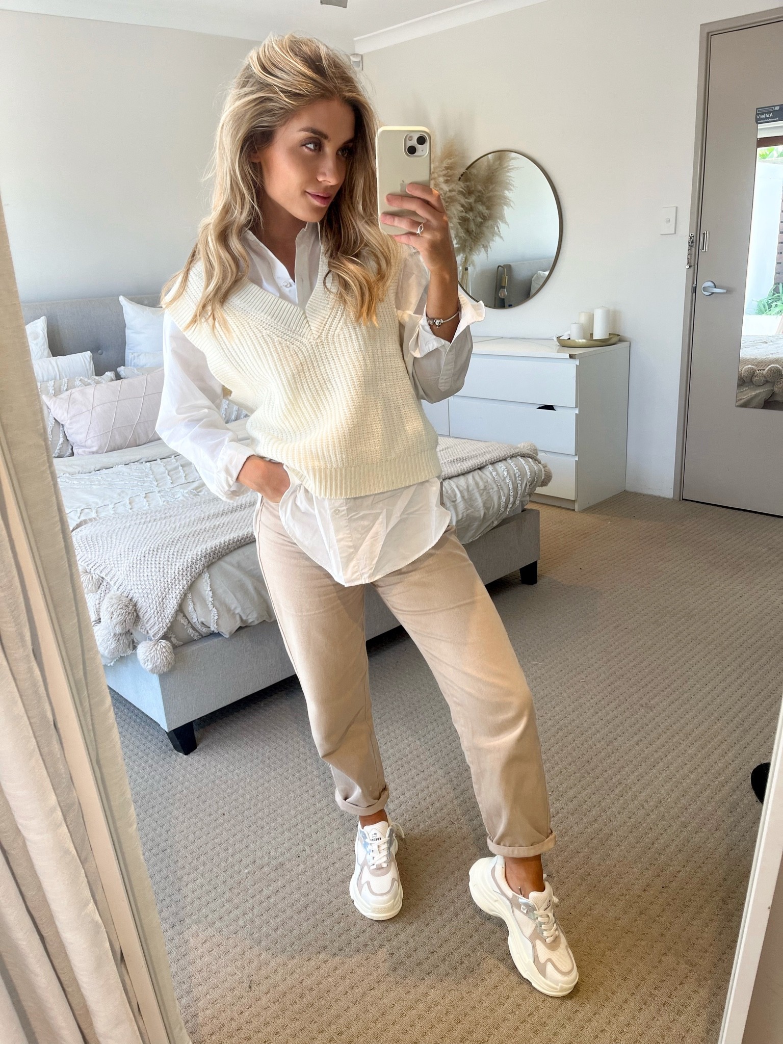 Ecru vest - from h&m, I’m wearing a size 6, it is cropped which I like so I don’t need a super oversized shirt underneath 

White shirt - Also H&M. The fabric of this shirt is SOOO soft and its the perfect fit of being slightly oversized and not HUGE. Also wearing a 6 

Jeans - From H&M. These have become my most favorite most worn jeans. They are super light weight and not heavy denim so perfect to wear for spring and autumn.  Also wearing a size 6.

Shoes - From UGG Express, Women Chunky Sneakers X
como. They’re super comfy and also really stylish 

#LTKaustralia #LTKfit #LTKstyletip