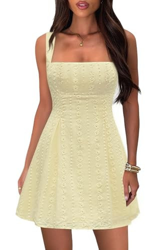 ZTMZA Women's Square Neck Mini Dress Sexy Backless Bow Tie Sleeveless Flare A-Line Cute Graduation Short Party Dresses Yellow,X-Small | Amazon (US)