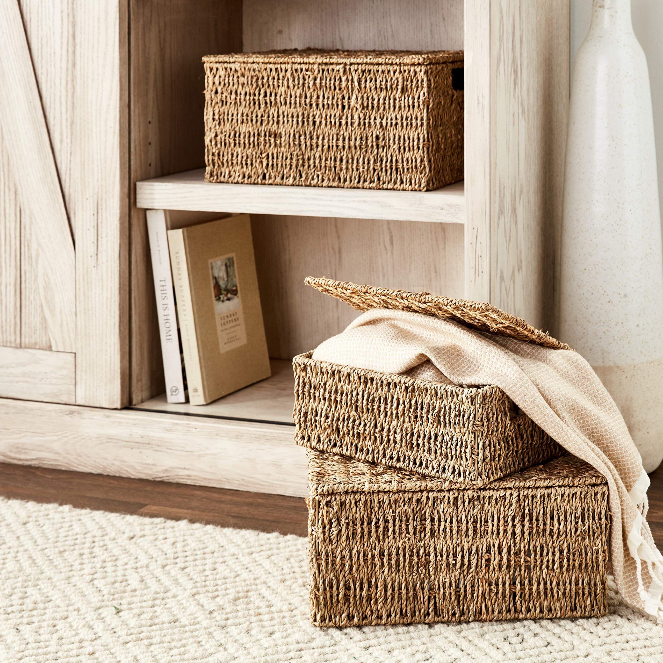 Trademark Innovations Rectangular Seagrass Baskets Lids (Set of 3), Brown | Amazon (US)