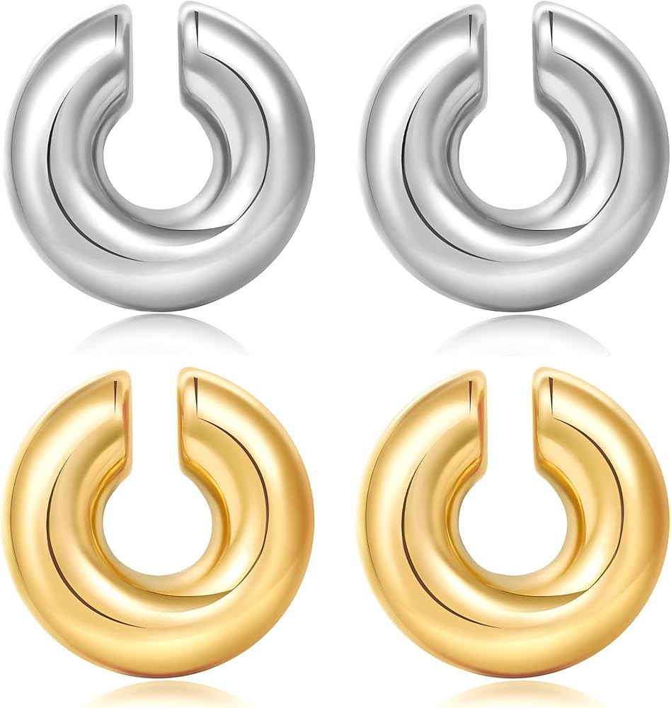 Chunky Ear Cuff Earrings for Women Non Piercing Ear Clip Earrings 14K Gold Ear Cuff and Silver Ea... | Amazon (US)