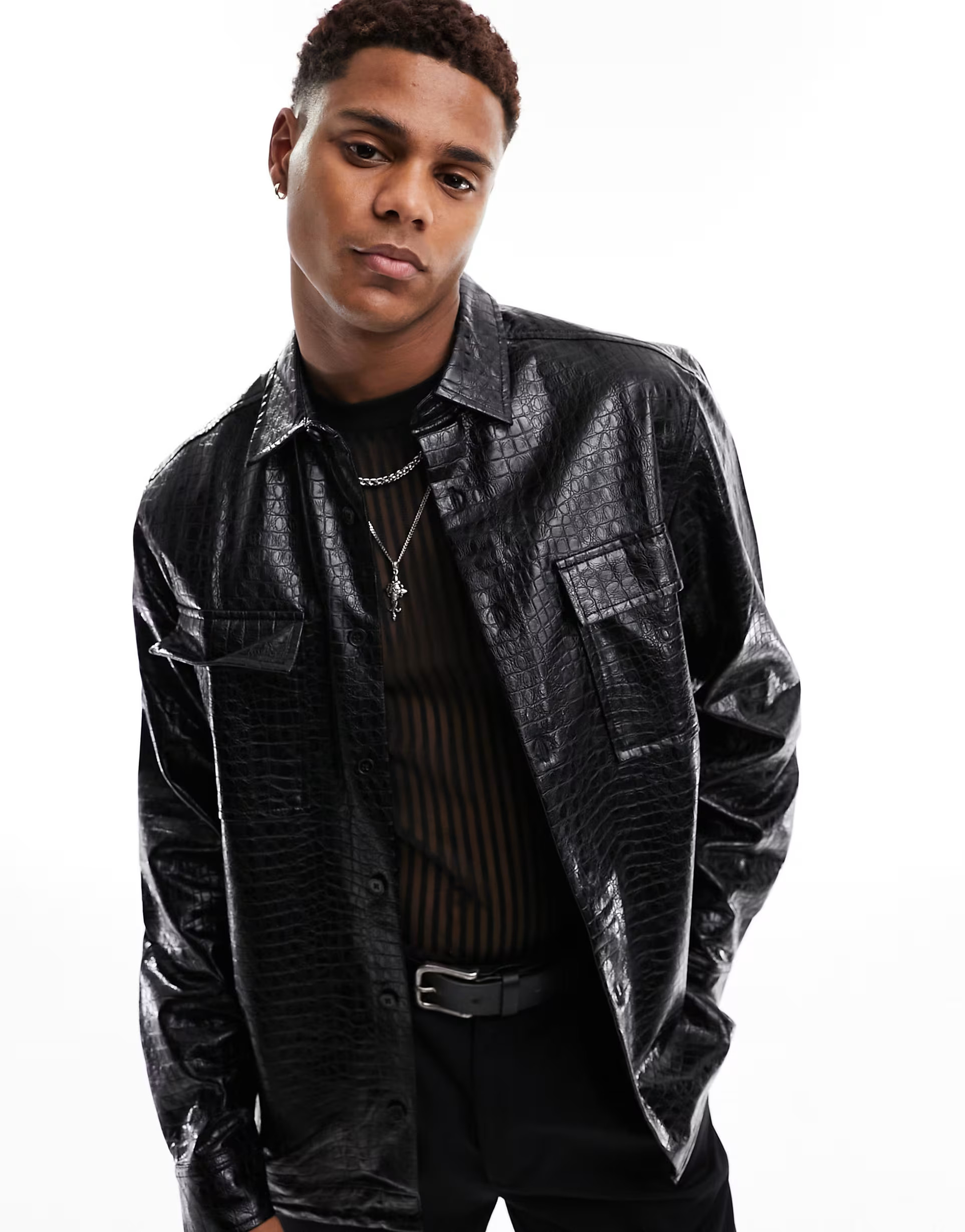 ASOS DESIGN croc faux leather overshirt in black | ASOS (Global)