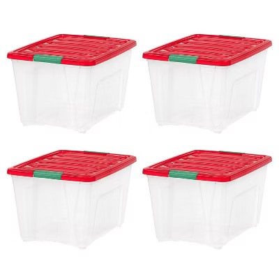 IRIS 4pk 54qt Stackable Holiday Plastic Storage Bins with Lids and Latching Buckles Clear Red | Target