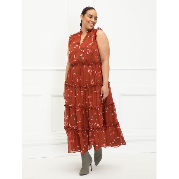 ELOQUII Elements Women's Plus Size Sleeveless Bohemian Print Ruffle Trim Dress | Walmart (US)