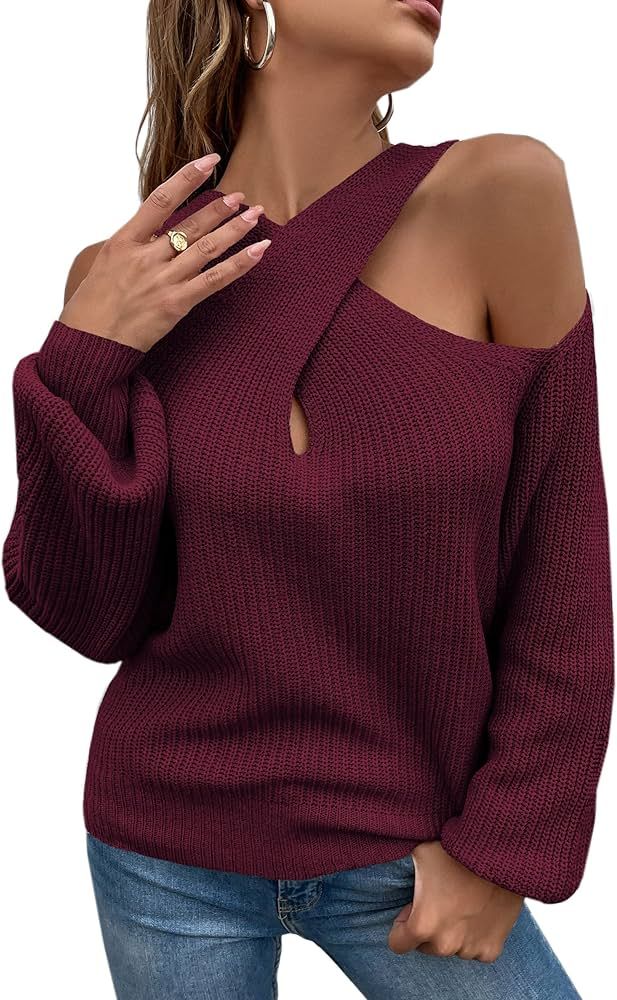 Angashion Women's Casual Cold Shoulder Tops Crossed V- Neck Long Sleeve Sexy Pullover Sweaters | Amazon (US)