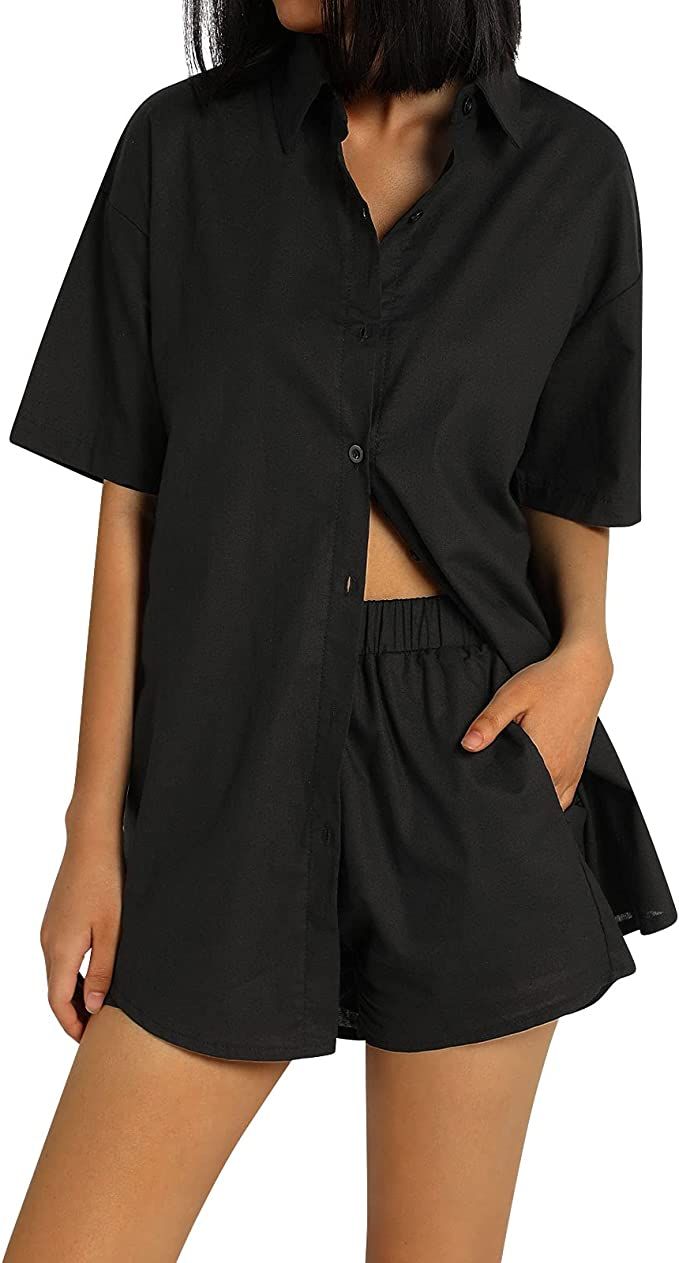 Women's Casual 2 Piece Outfits Set Summer Linen Oversized Button Down Short Sleeve Shirt Top Shor... | Amazon (US)