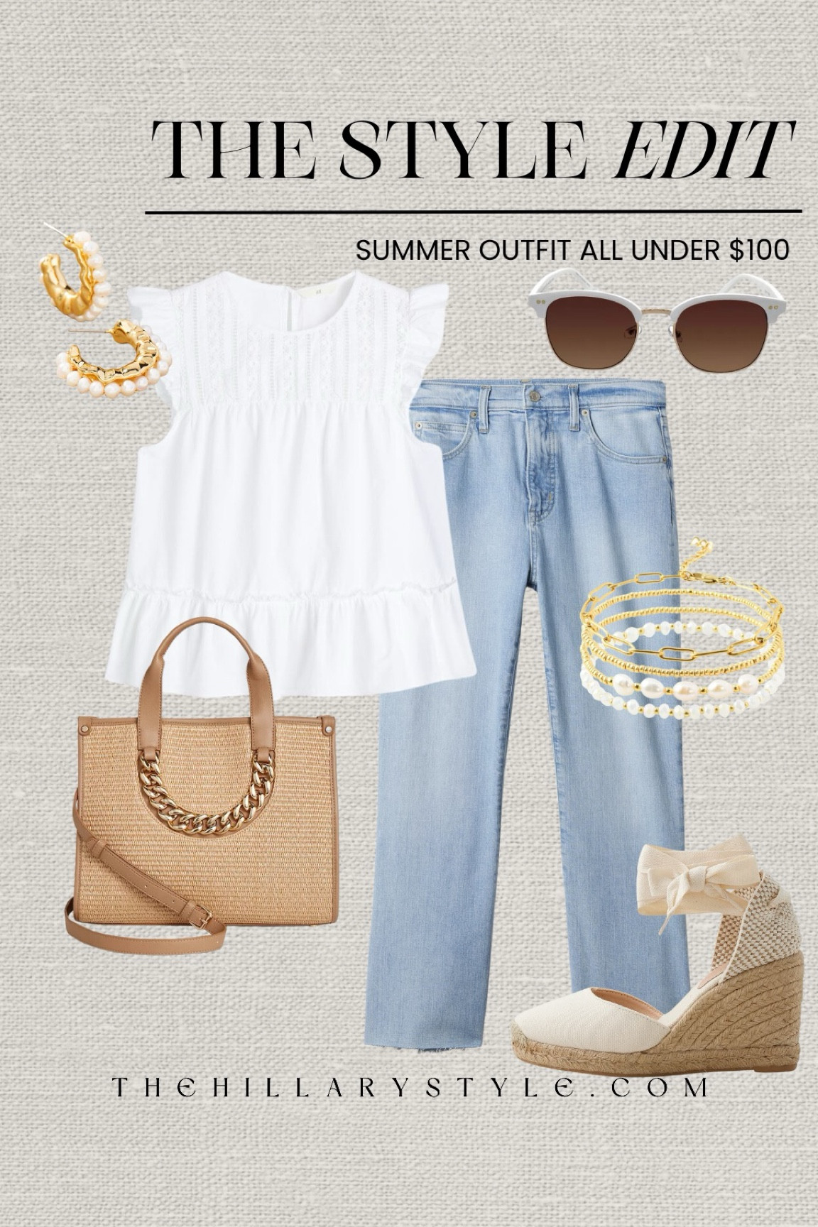 The Style Edit: Summer Outfit All Under $100
White ruffle sleeve top, light wash kick flare denim, espadrilles, straw handbag, gold and pearl earrings, white and gold aviator sunglasses, gold bracelet stack. H&M, Walmart, Gap, JCrew, Macy’s, Target, Anthropologie, Amazon

#LTKFindsUnder100 #LTKSeasonal #LTKStyleTip