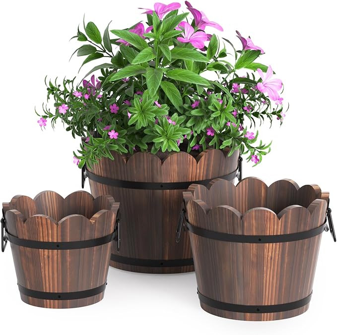 HakkaGirl Wooden Bucket Barrel Planters, Rustic Patio Planters Flower Pots for Plants Indoor Déc... | Amazon (US)