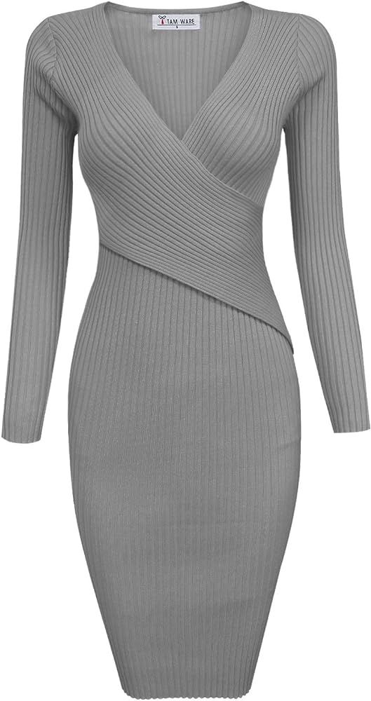TAM WARE Womens Stylish Surplice Wrap Bodycon Knit Midi Dress | Amazon (US)