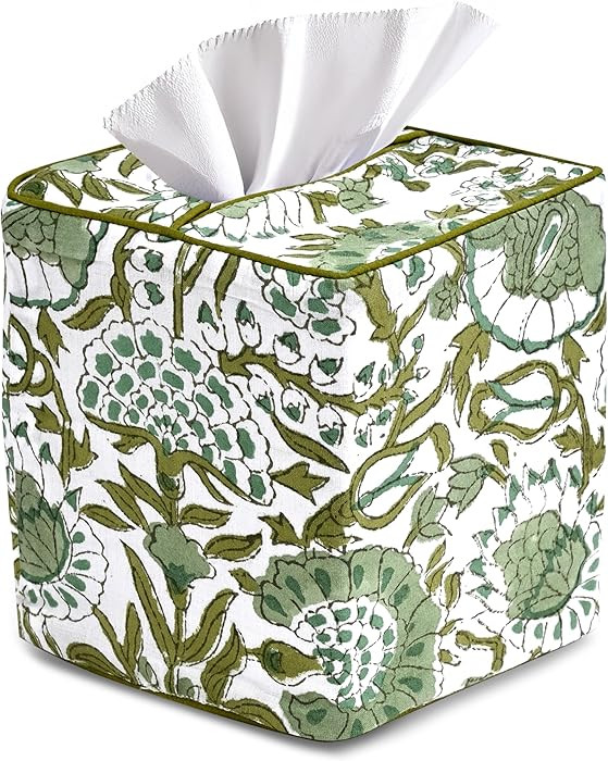 CPC Agate Green Hand Block Printed Cotton Tissue Box Cover 5" x 5" x 5.5" Square Soft Reusable Bo... | Amazon (US)