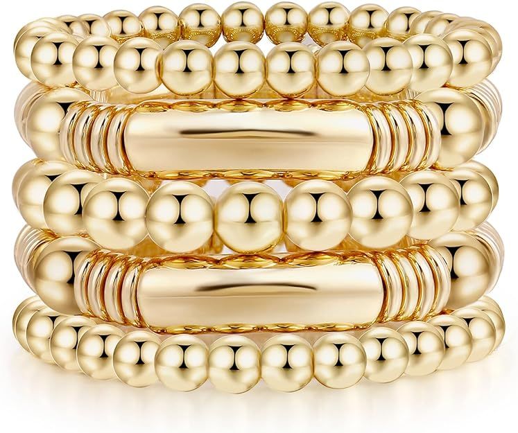 Gold Bangles Bracelet for Women Chunky Curved Stacking Plated Bead Ball Stretchable Bracelets | Amazon (US)