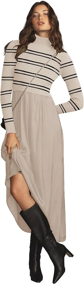 Womes Mock Turtleneck Long Sleeve Ribbed Knit Pullover Tops Fashion Long Maxi Dress | Amazon (US)