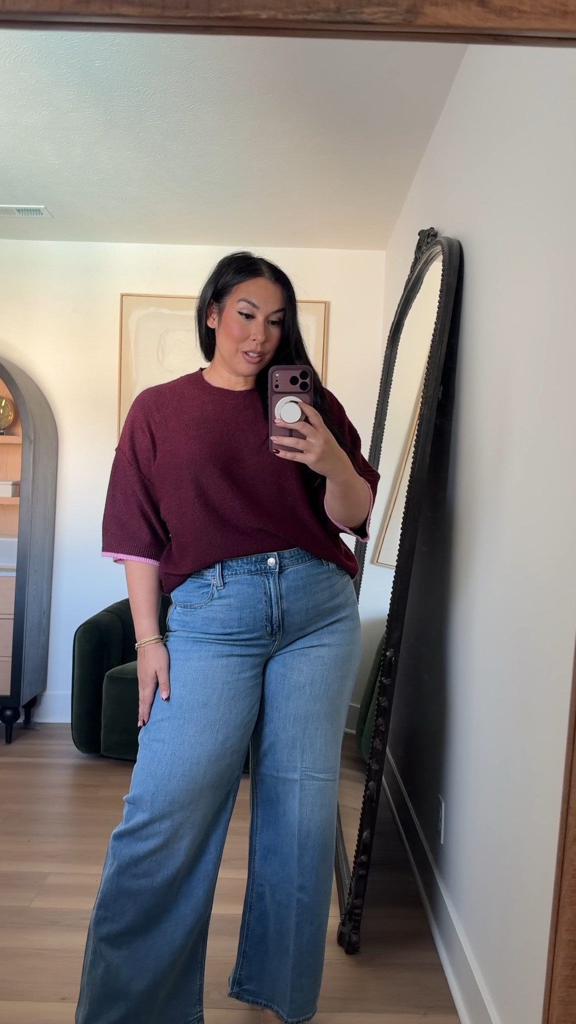 Love the wine color of this top, such a great lightweight transitional piece! AE is having a 40% off sale on their jeans this weekend. Wearing a 16 long on the bottom and an XL on top. Midsize, midsize fashion, fall fashion, american eagle 

 #LTKSeasonal #LTKMidsize