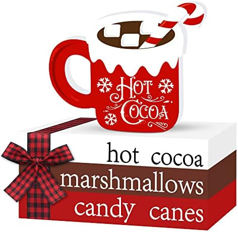 Christmas Wooden Decor, Faux Books Stacked with Plaid Ribbon + Hot Cocoa Sign for Christmas Tiered T | Amazon (US)